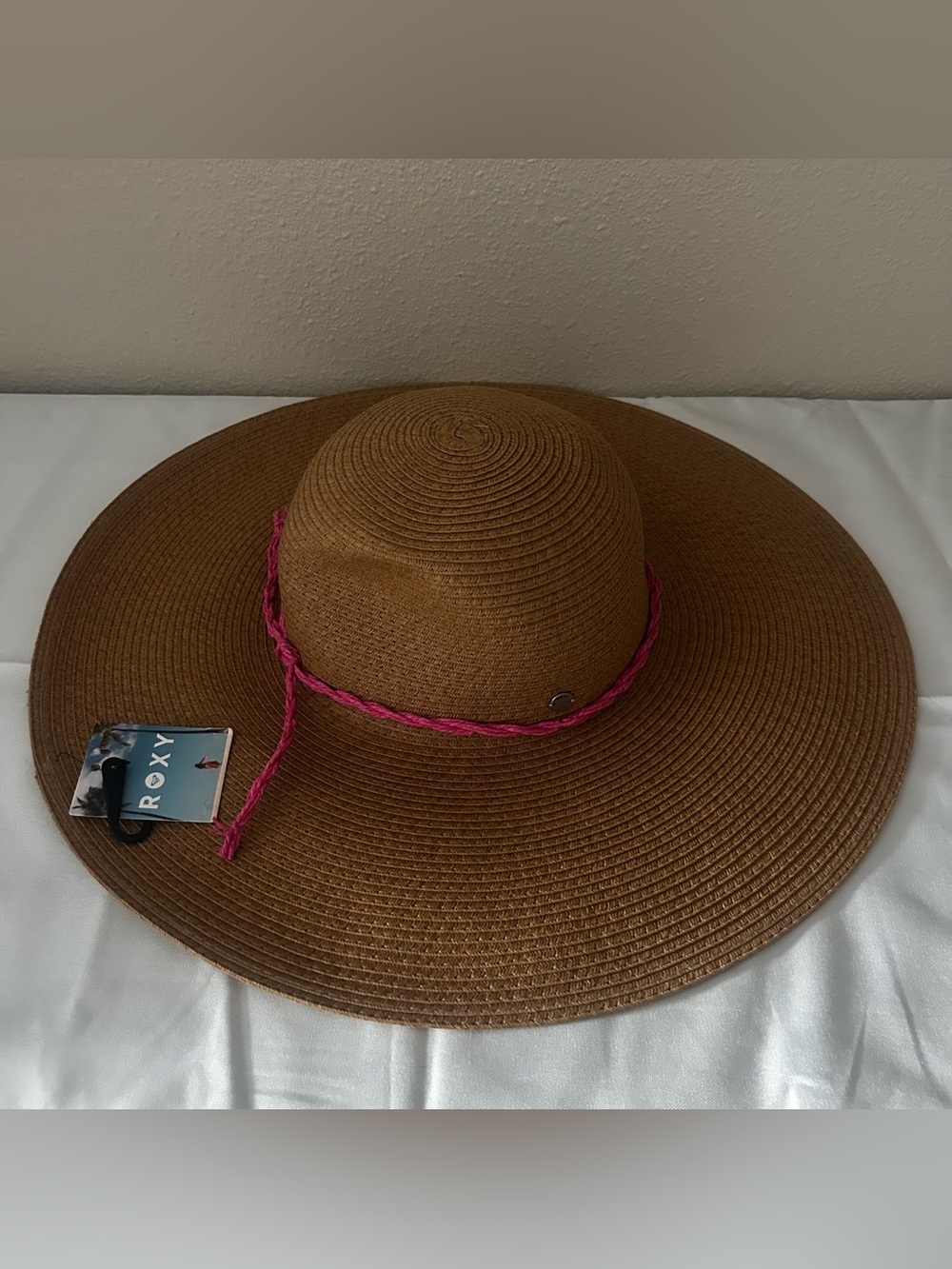 Roxy Brown Wide-Brim Sun Hat with Pink Braided Trim